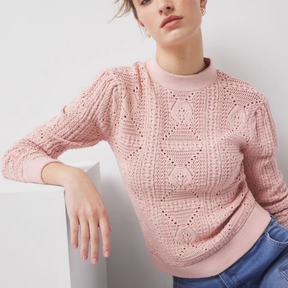 WHBM Mock Neck Pointelle Sweater In Rose Smoke - Picture 1 of 7